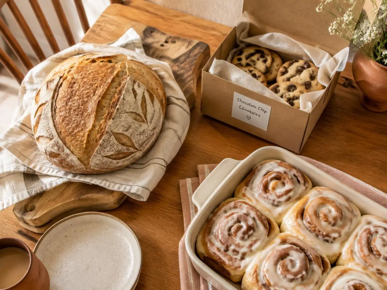 Fresh bread, cookies and cinnamon rolls on a kitchen table